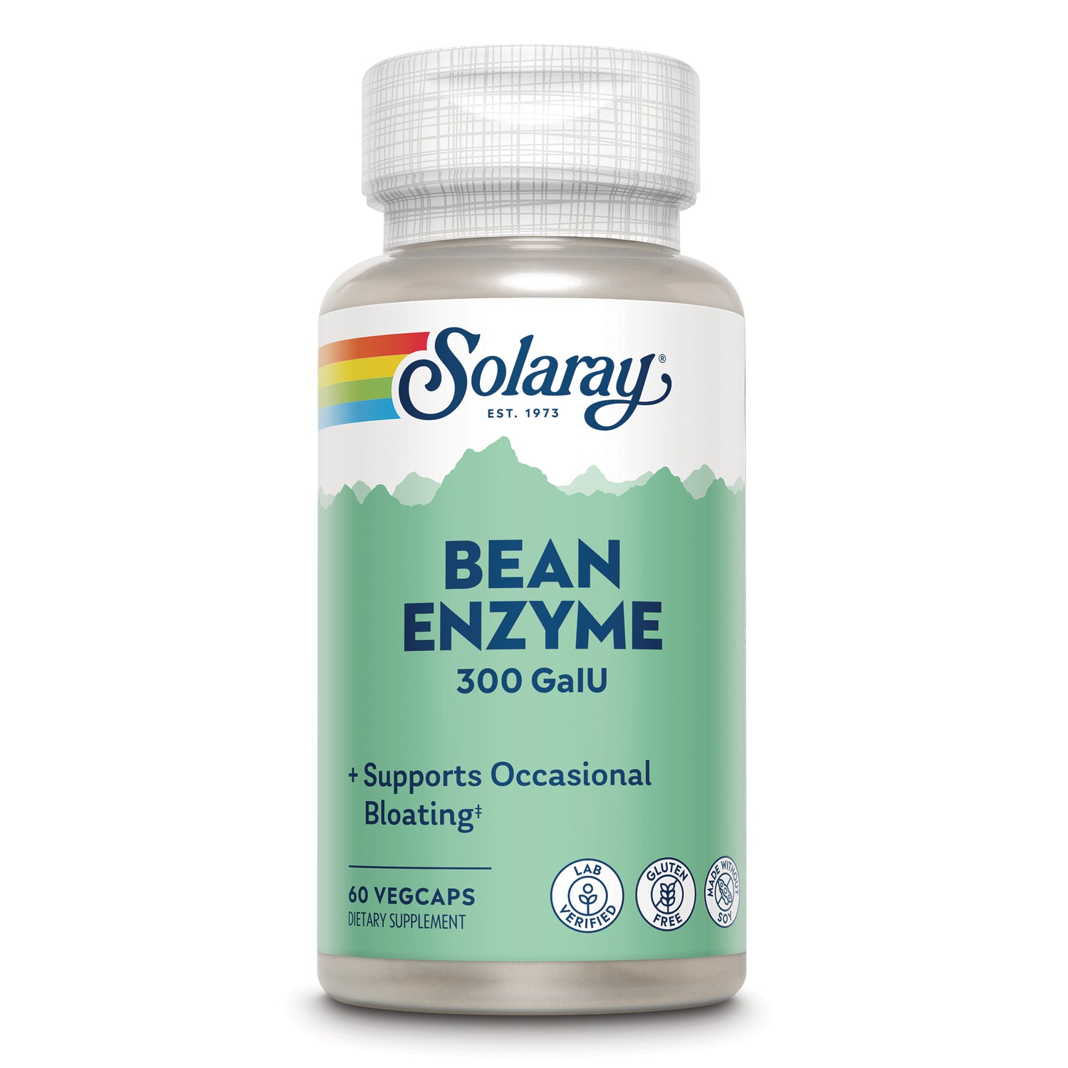 SLR527 | Solaray Bean Enzyme 300 GalU supplement bottle front, green label showing 60 vegcaps and supports occasional bloating