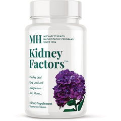 MNP041 | White bottle labeled Kidney Factors with purple hydrangea illustration, dietary supplement vegetarian tablets