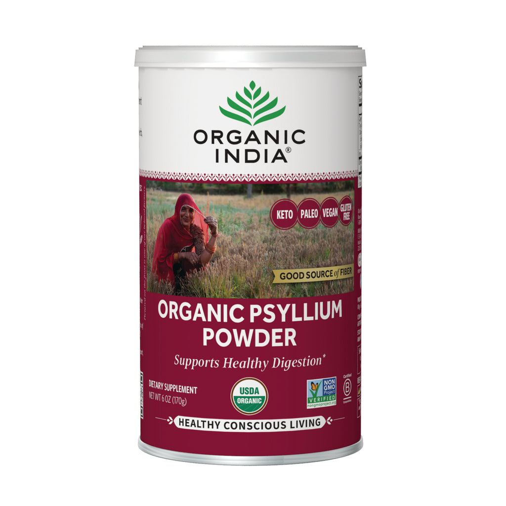 RGN111 | tin of Organic Psyllium Powder labeled ORGANIC PSYLLIUM POWDER with woman in field and USDA Organic badge - Thumbnail