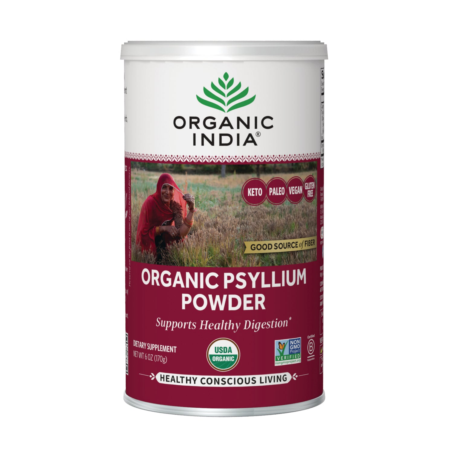 RGN111 | tin of Organic Psyllium Powder labeled ORGANIC PSYLLIUM POWDER with woman in field and USDA Organic badge