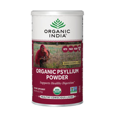 RGN111 | tin of Organic Psyllium Powder labeled ORGANIC PSYLLIUM POWDER with woman in field and USDA Organic badge