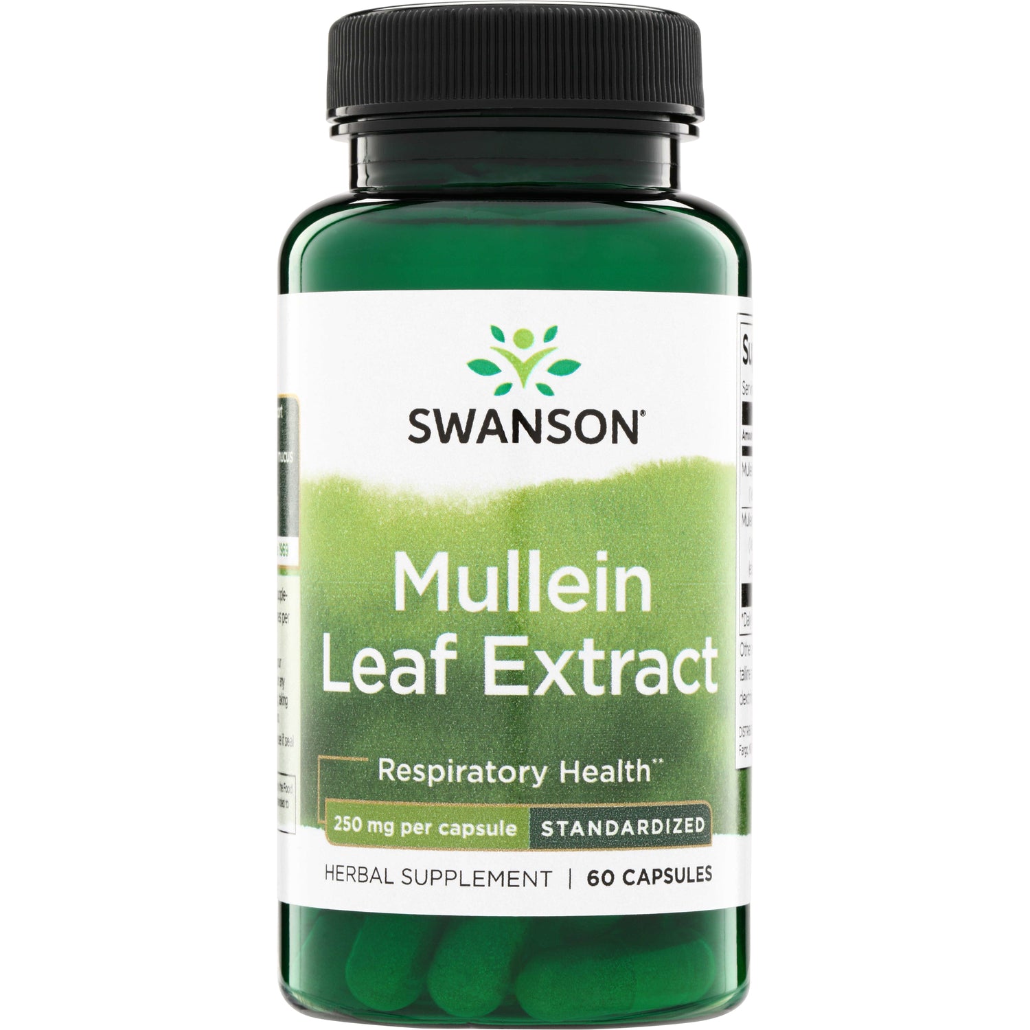 SW1808 | Swanson Mullein Leaf Extract supplement bottle, Respiratory Health, standardized, 250 mg per capsule, 60 capsules
