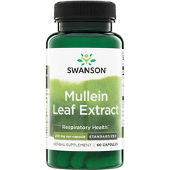 SW1808 | Swanson Mullein Leaf Extract supplement bottle, Respiratory Health, standardized, 250 mg per capsule, 60 capsules