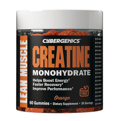 CYB002 | Cybergenics Creatine Monohydrate orange gummy jar front label reading 60 Gummies and Sugar Free