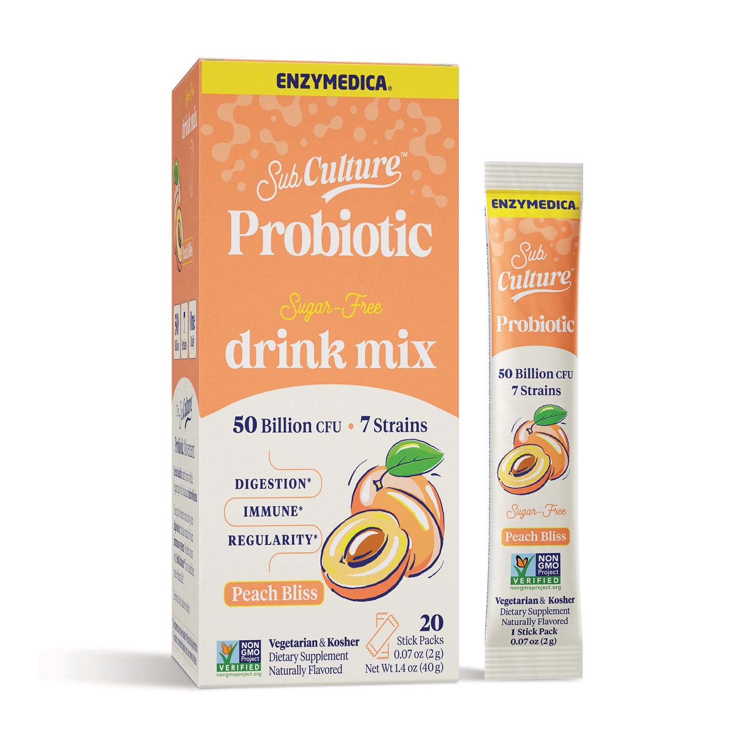 EMD105 | Enzymedica SubCulture Probiotic Drink Mix box and single serving stick pack, orange label, peach bliss flavor, 20 stick packs