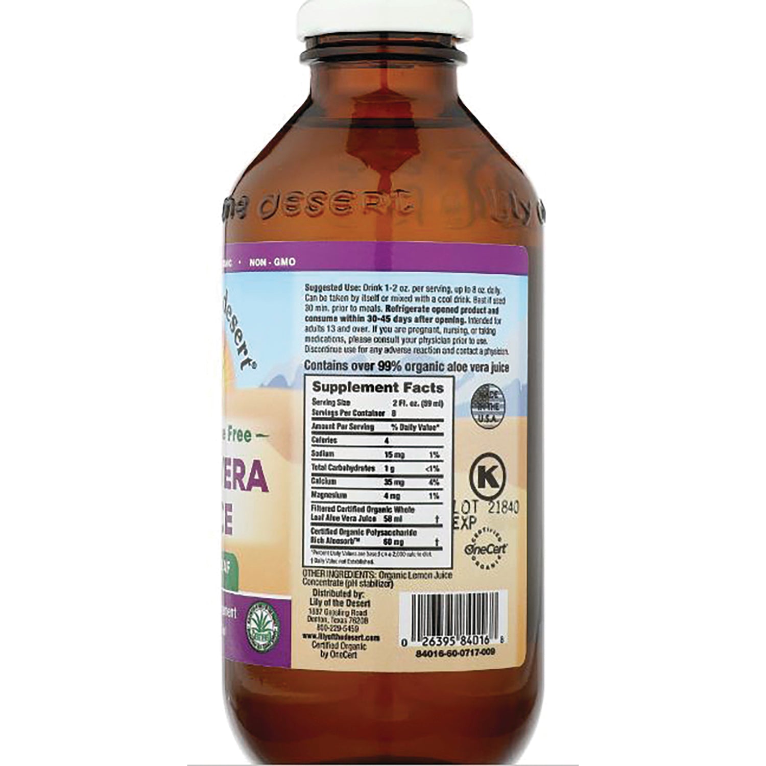 LIL034 | back of amber bottle showing supplement facts panel, ingredient list, certifications, and barcode