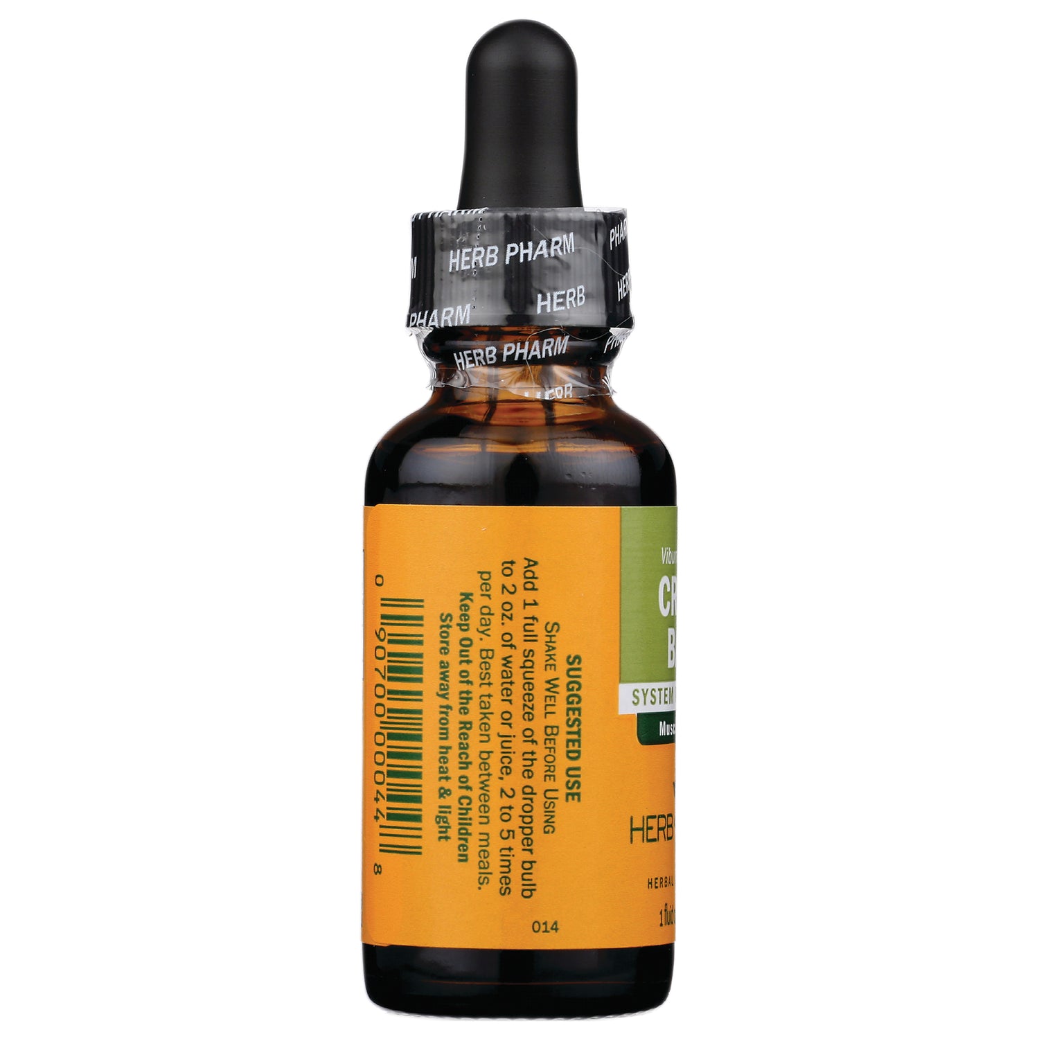 HPH103 | amber dropper bottle showing back label with suggested use text, barcode, and HERB PHARM tamper seal