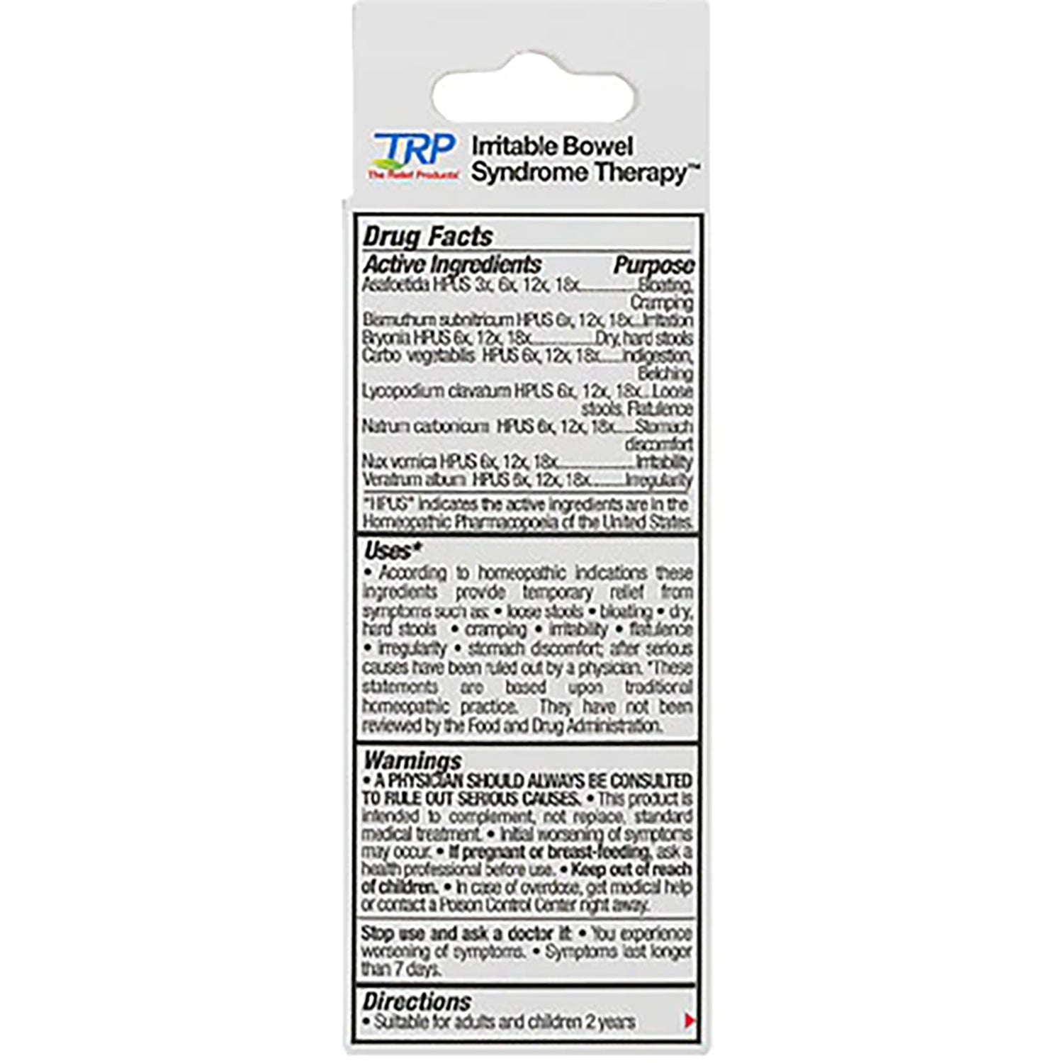 TRL010 | Back panel with Drug Facts, uses, warnings, and directions for TRP Irritable Bowel Syndrome Therapy