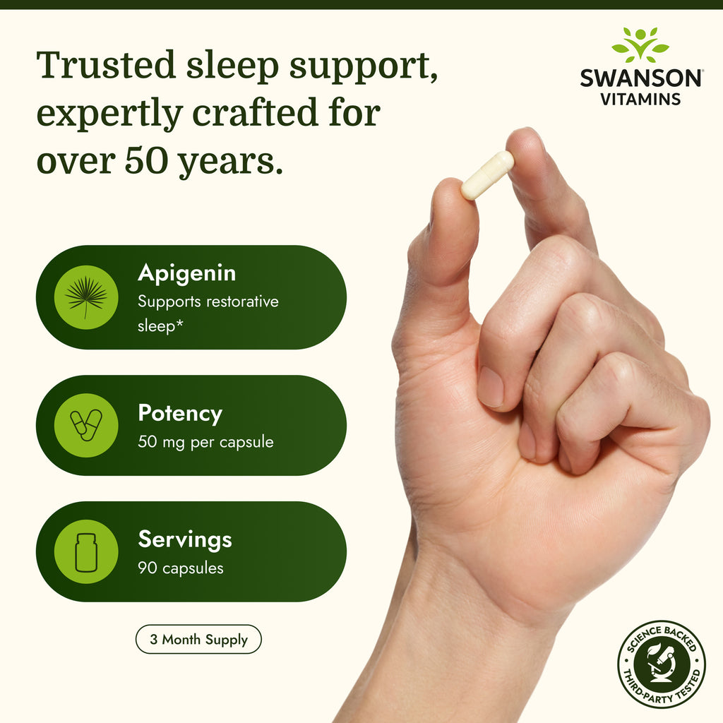 SWU375 | Sleep support infographic with apigenin, 50 mg per capsule, 90 capsules, and 3 month supply - Thumbnail