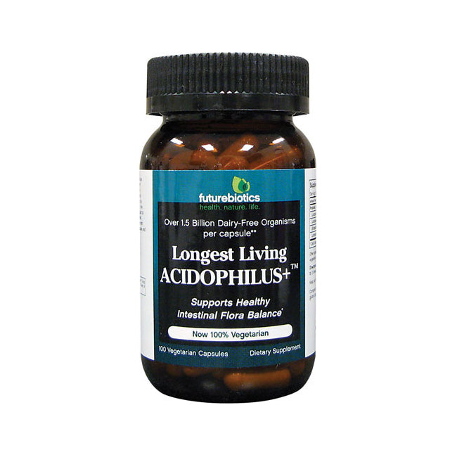 FB012 | Brown supplement bottle labeled Longest Living ACIDOPHILUS with futurebiotics logo and black cap