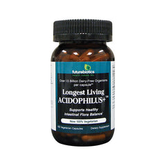 FB012 | Brown supplement bottle labeled Longest Living ACIDOPHILUS with futurebiotics logo and black cap