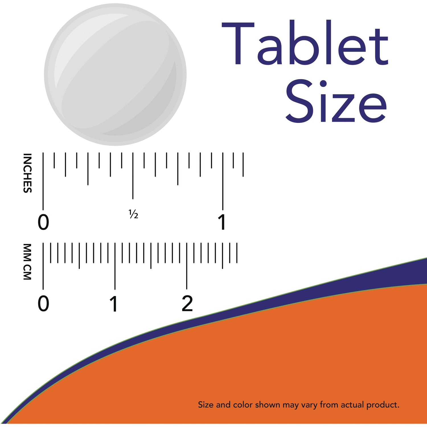NWF205 | white round tablet next to inch and millimeter rulers labeled Tablet Size