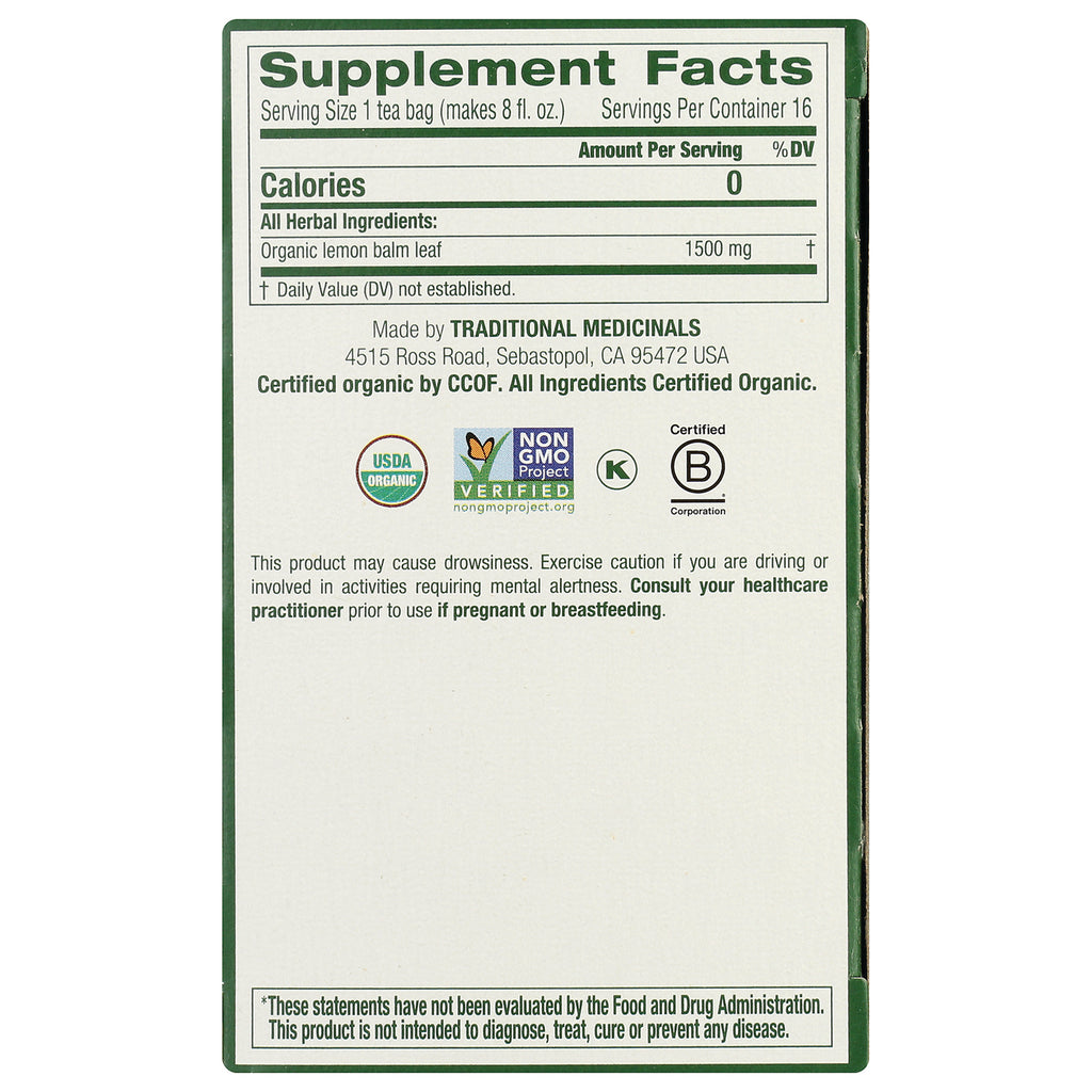 TMD050 | Back panel Supplement Facts: 1 tea bag, 16 servings, 0 calories; 1500 mg organic lemon balm; USDA Organic, Non-GMO - Thumbnail