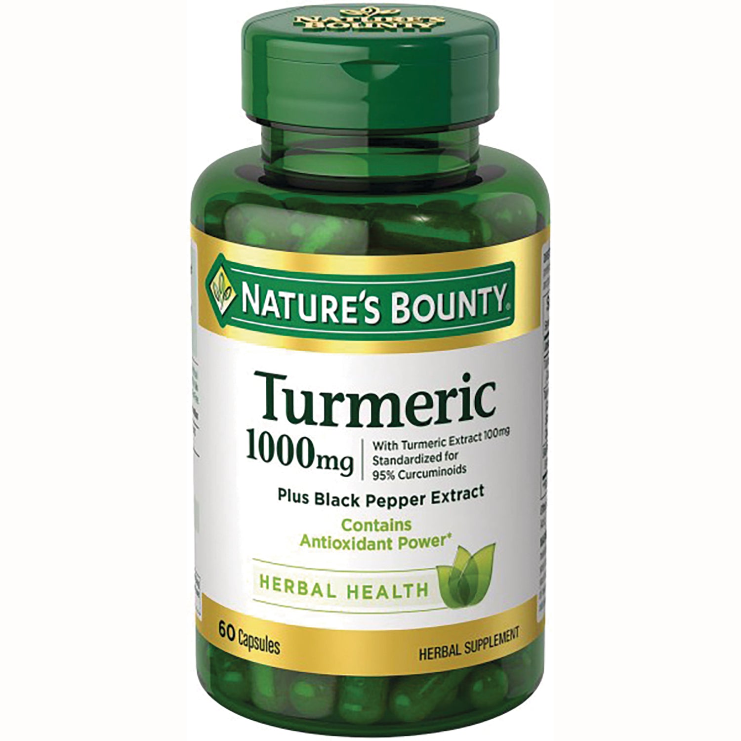 NBY097 | Nature's Bounty Turmeric 1000 mg bottle, 60 capsules, green plastic bottle with label Plus Black Pepper Extract Herbal Health