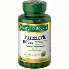 NBY097 | Nature's Bounty Turmeric 1000 mg bottle, 60 capsules, green plastic bottle with label Plus Black Pepper Extract Herbal Health