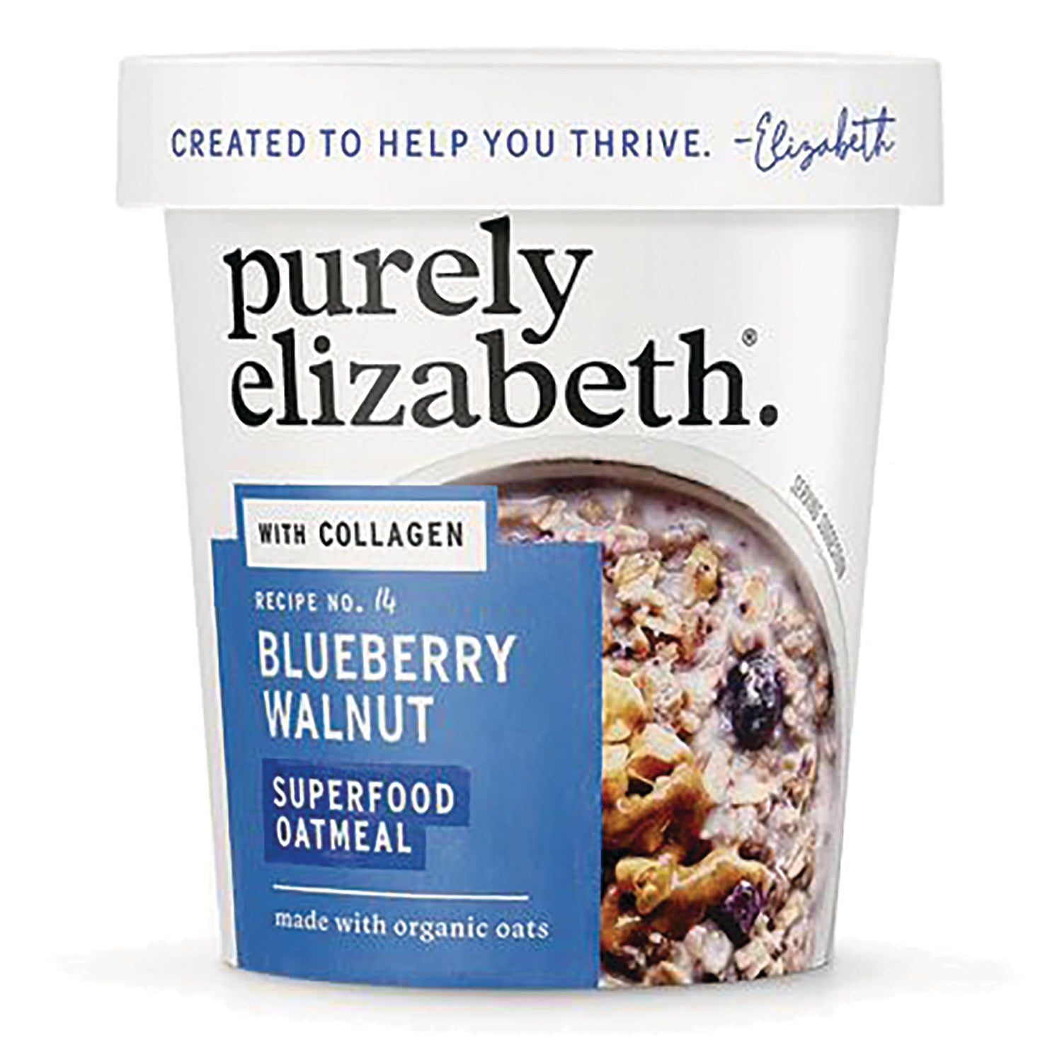 PLZ009 | Front view of Purely Elizabeth blueberry walnut superfood oatmeal cup labeled WITH COLLAGEN