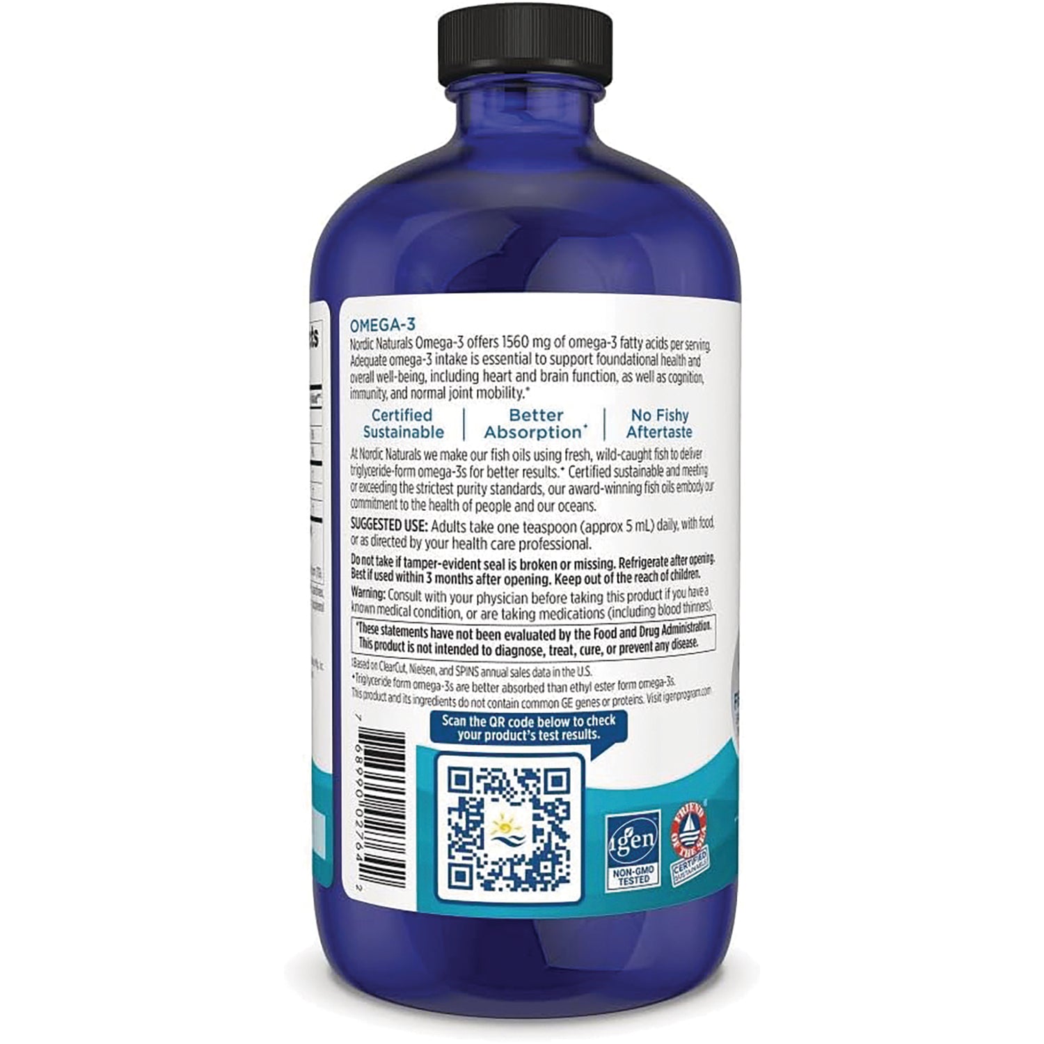 NRN028 | Back of blue omega-3 supplement bottle showing nutrition and usage text, barcode, QR code, and label details