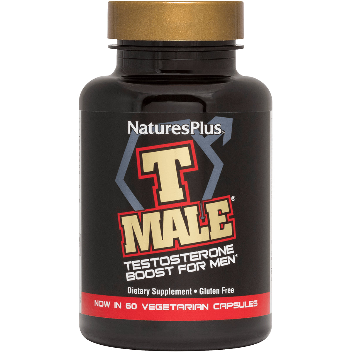 NTP266 | NaturesPlus T MALE testosterone boost for men black supplement bottle labeled Now in 60 vegetarian capsules