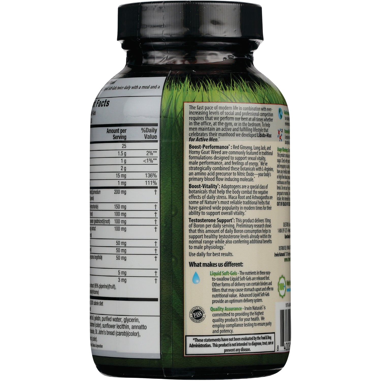 IR203 | Back of green supplement bottle showing Supplement Facts panel and product information