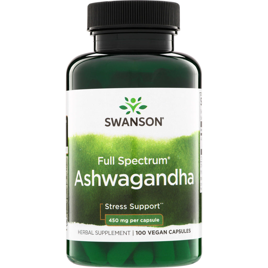 SW957 | Swanson Full Spectrum Ashwagandha bottle, Stress Support, 450 mg per capsule, 100 vegan capsules - Thumbnail