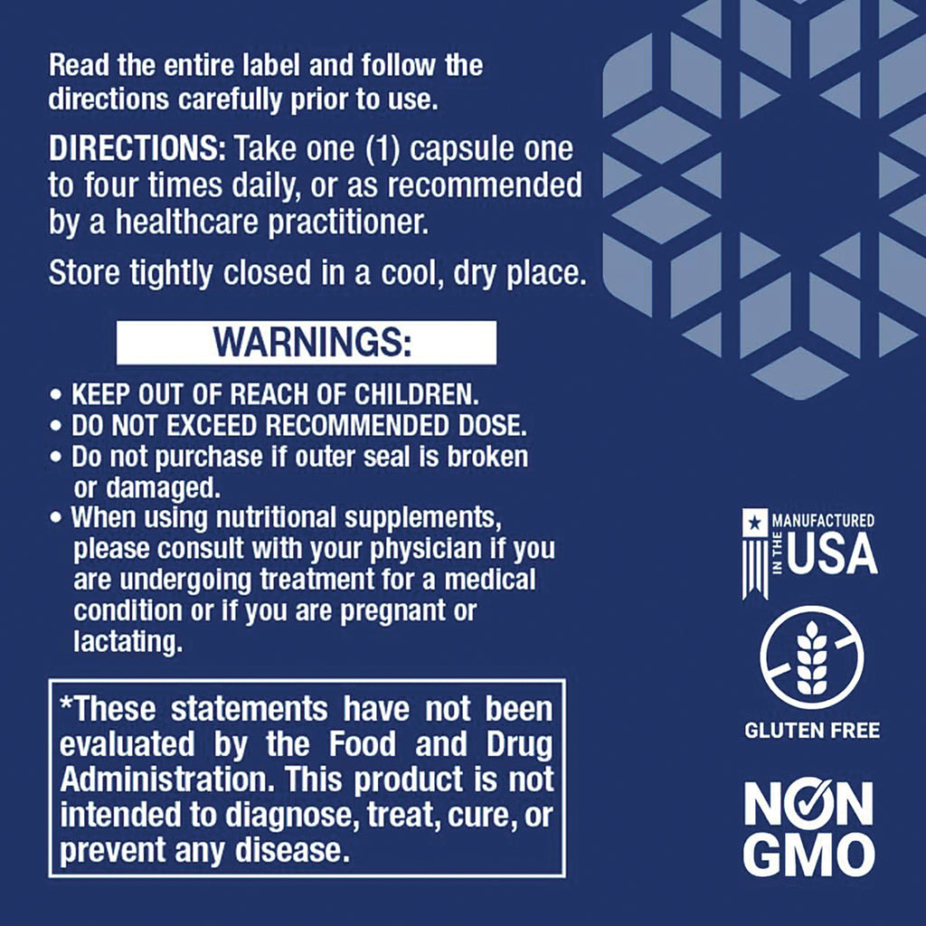 LE138 | blue supplement back label showing directions, warnings, FDA disclaimer, and gluten free and non GMO icons - Thumbnail