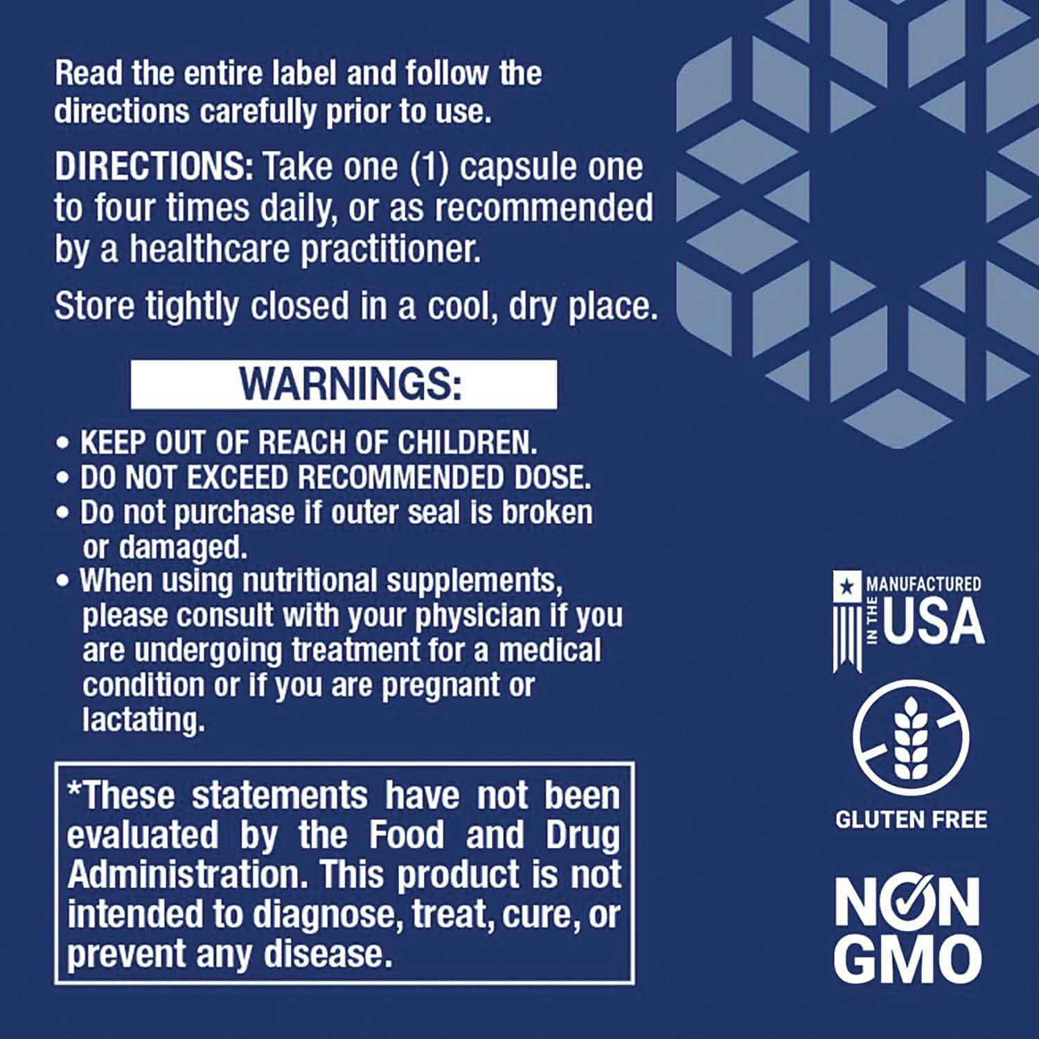 LE138 | blue supplement back label showing directions, warnings, FDA disclaimer, and gluten free and non GMO icons