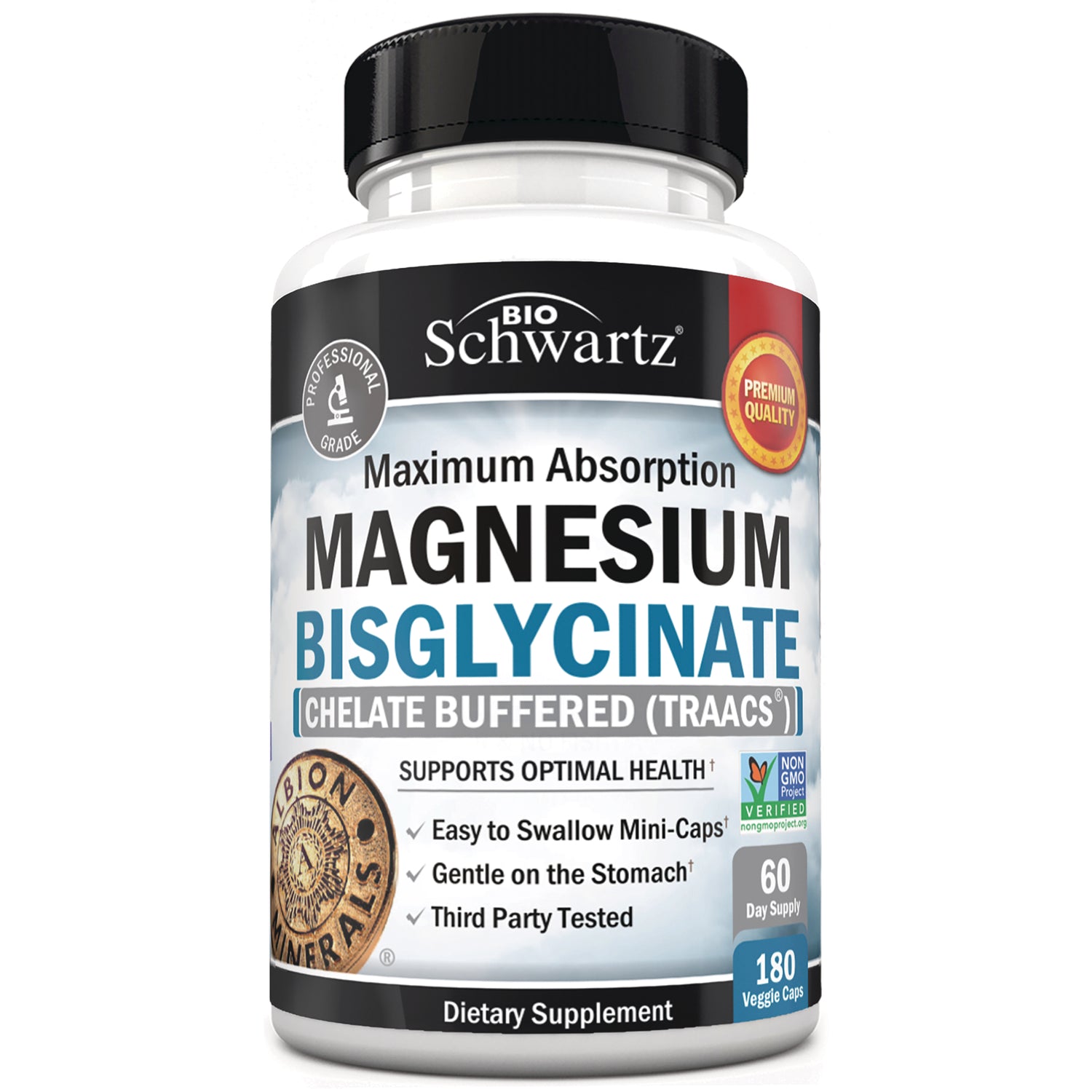 BSZ017 | BioSchwartz Magnesium Bisglycinate supplement bottle front showing label, 180 veggie caps, 60 day supply