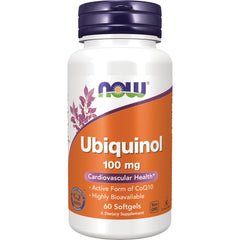 NWF180 | NOW Ubiquinol 100 mg supplement bottle with orange label, 60 softgels and cardiovascular health text