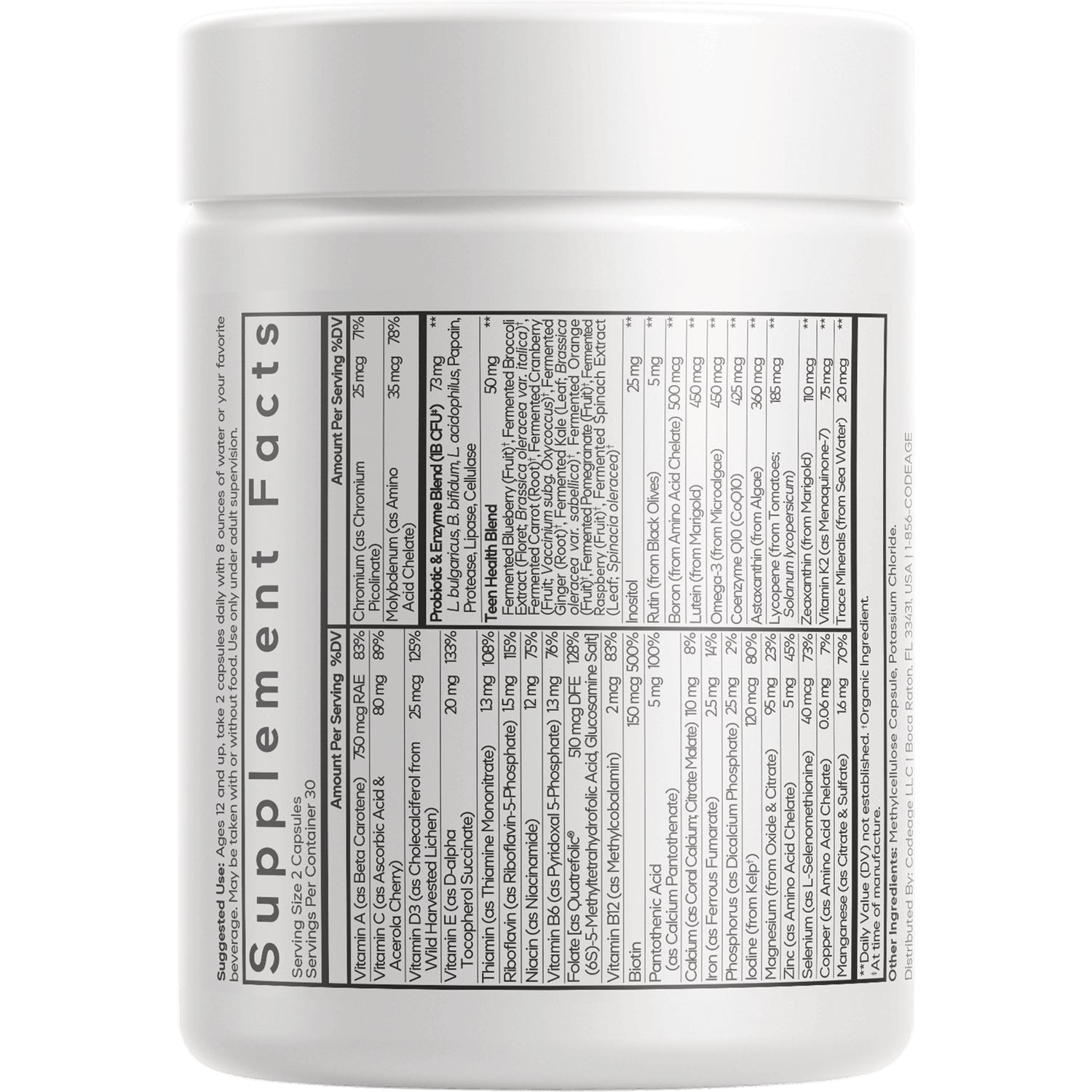 CDG025 | back label of white supplement jar showing Supplement Facts nutrition panel and ingredient list