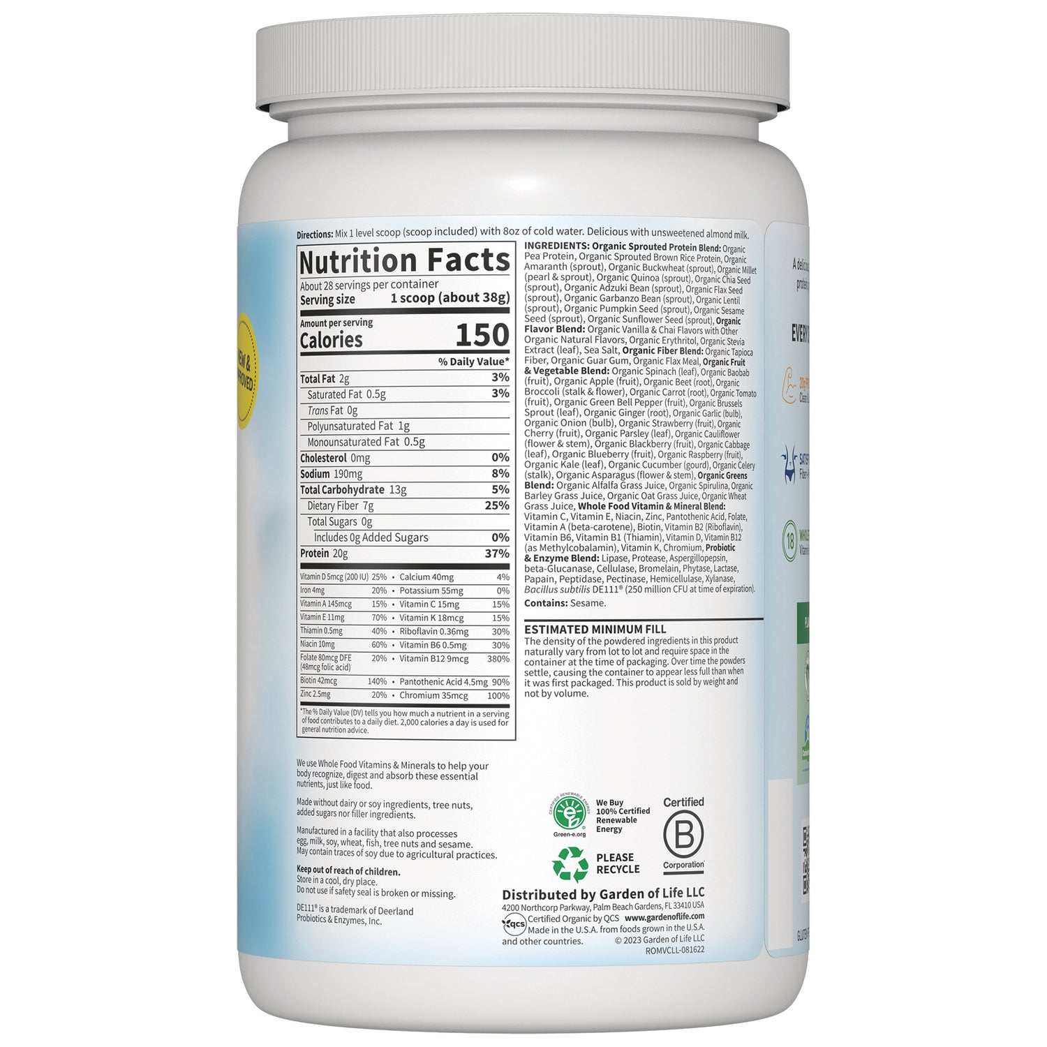 GLF175 | back label showing Nutrition Facts, ingredients, and distributor information
