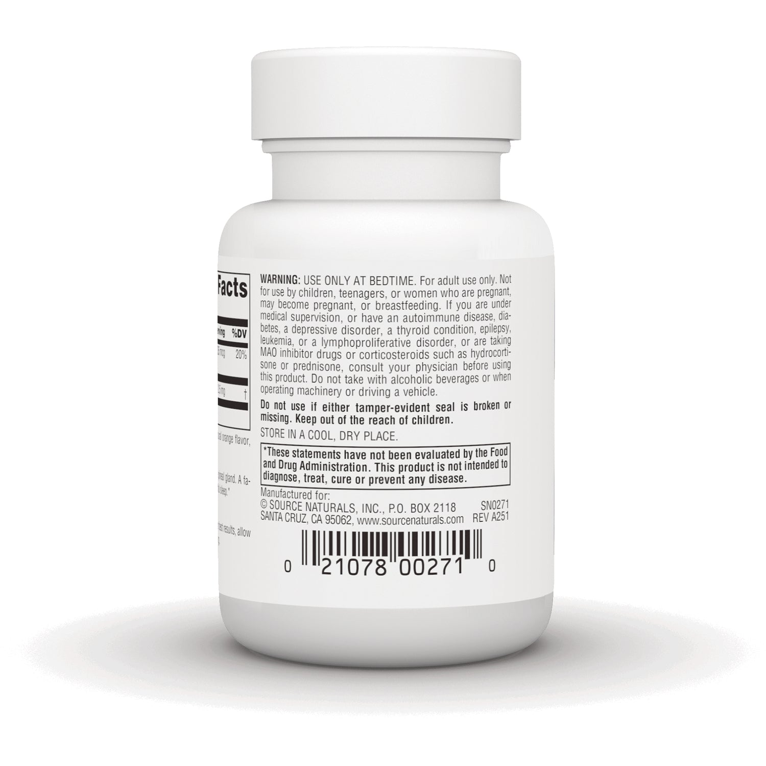 SN123 | Back label with warnings, FDA disclaimer, and barcode on supplement bottle