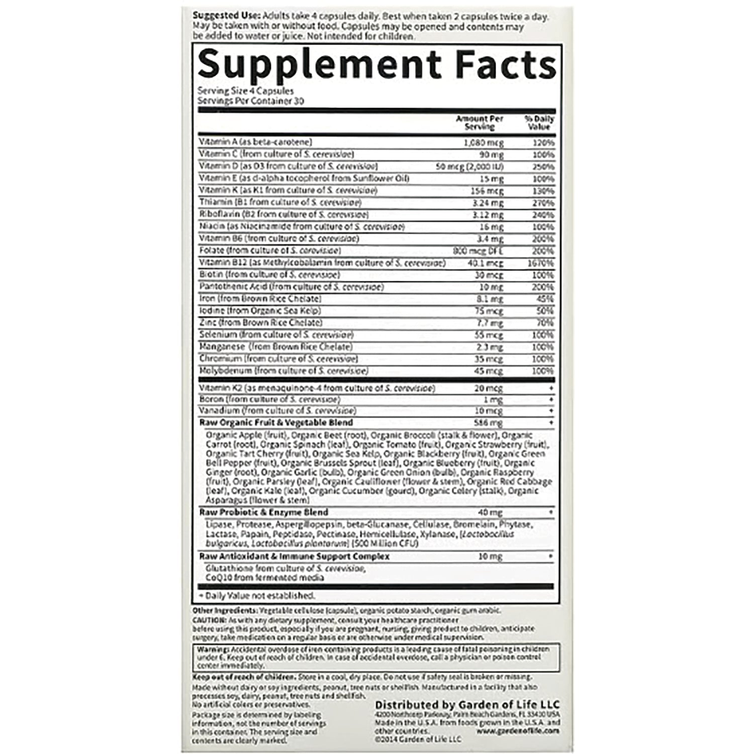 GLF032 | supplement facts panel showing serving size, nutrient amounts, ingredient list and warnings