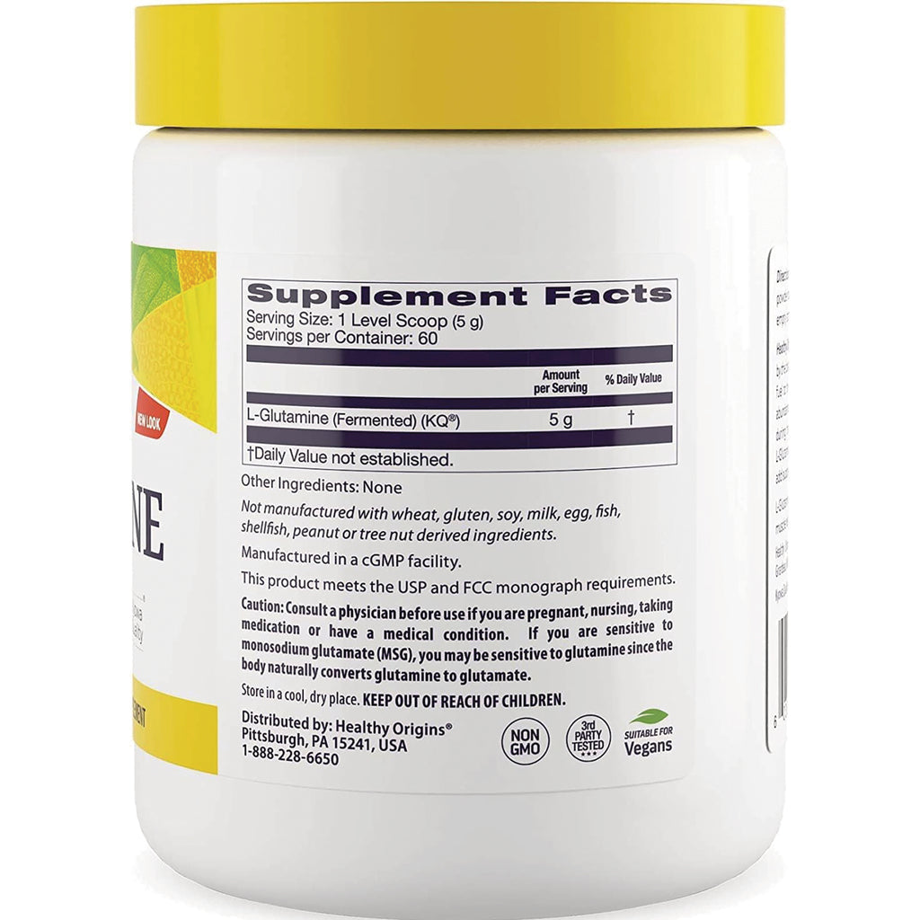 HRG185 | Back of white supplement jar showing Supplement Facts label, L-Glutamine 5 g, warnings and certifications - Thumbnail