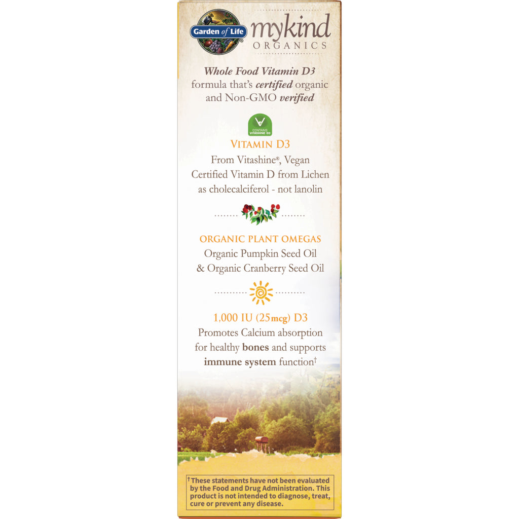 GLF187 | mykind Organics Vitamin D3 product infographic listing organic plant omegas, 1,000 IU (25mcg) D3 and bone and immune support - Thumbnail