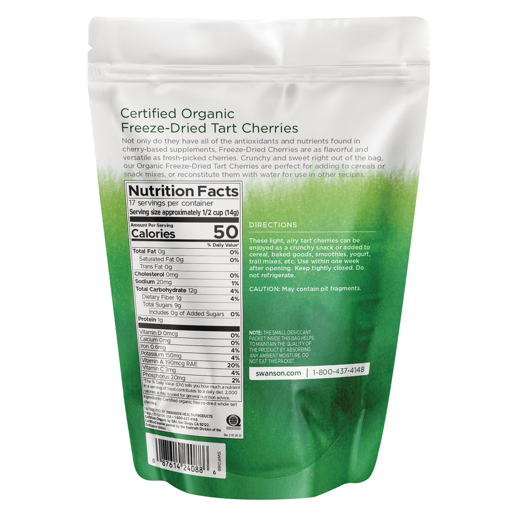 SWF088 | Back of Certified Organic Freeze-Dried Tart Cherries pouch with Nutrition Facts, directions, cautions, and barcode - Thumbnail