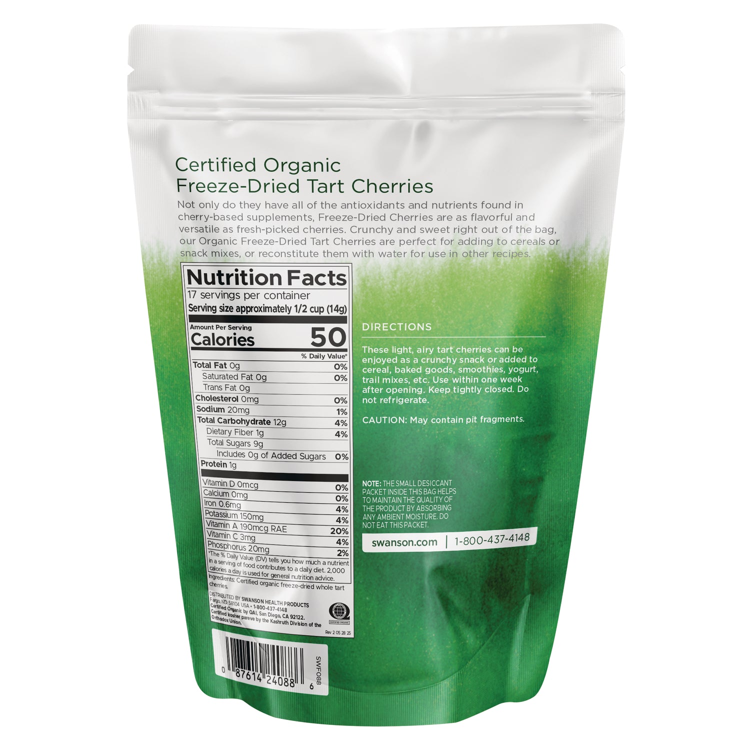 SWF088 | Back of Certified Organic Freeze-Dried Tart Cherries pouch with Nutrition Facts, directions, cautions, and barcode