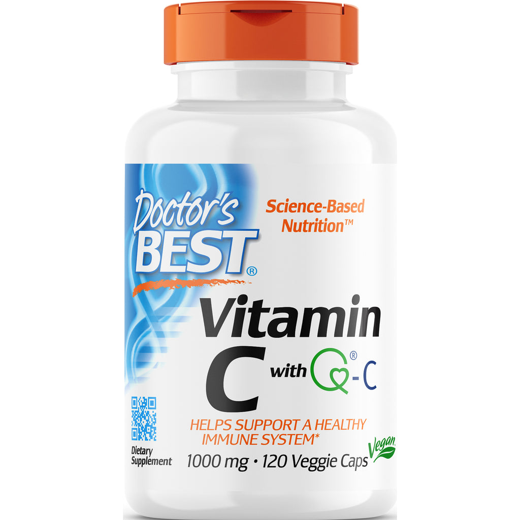 DB147 | White bottle with orange cap labeled Doctor's Best Vitamin C with Q-C 1000 mg 120 Veggie Caps vegan - Thumbnail
