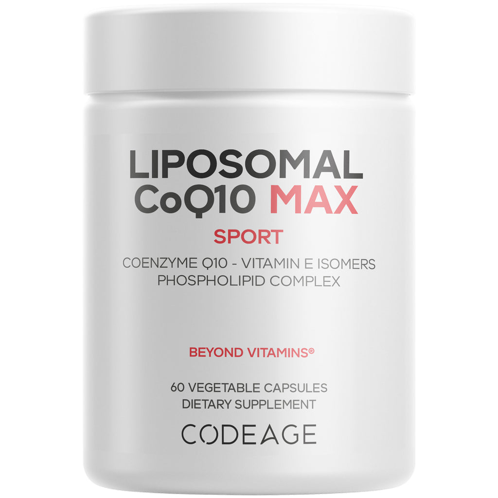 CDG061 | White supplement jar labeled LIPOSOMAL CoQ10 MAX SPORT, 60 vegetable capsules, CODEAGE - Thumbnail