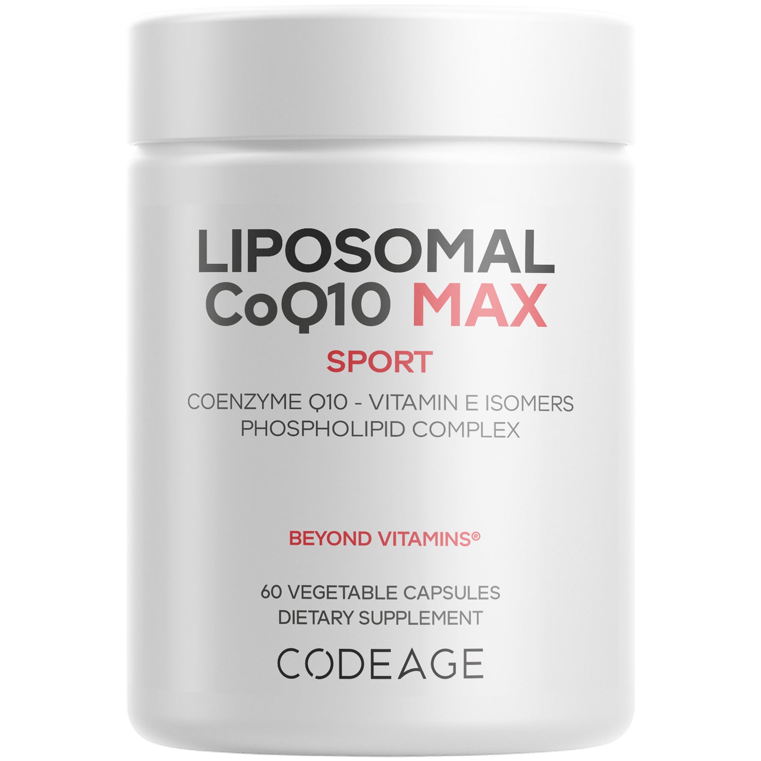 CDG061 | White supplement jar labeled LIPOSOMAL CoQ10 MAX SPORT, 60 vegetable capsules, CODEAGE
