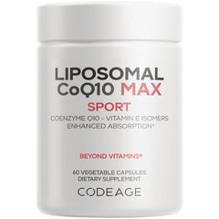 CDG061 | White supplement jar labeled LIPOSOMAL CoQ10 MAX SPORT, 60 vegetable capsules, CODEAGE