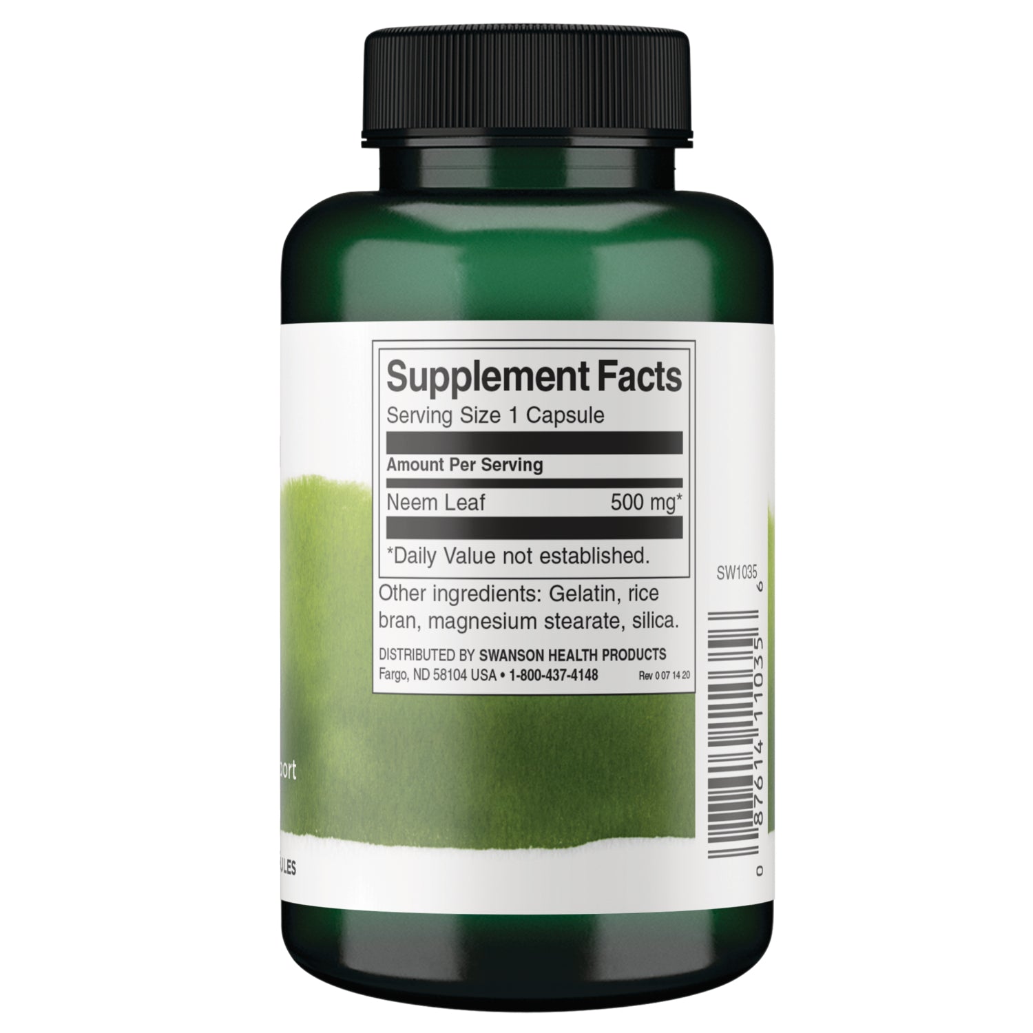 SW1035 | Back label with Supplement Facts for Neem Leaf 500 mg, serving size 1 capsule, barcode and other ingredients
