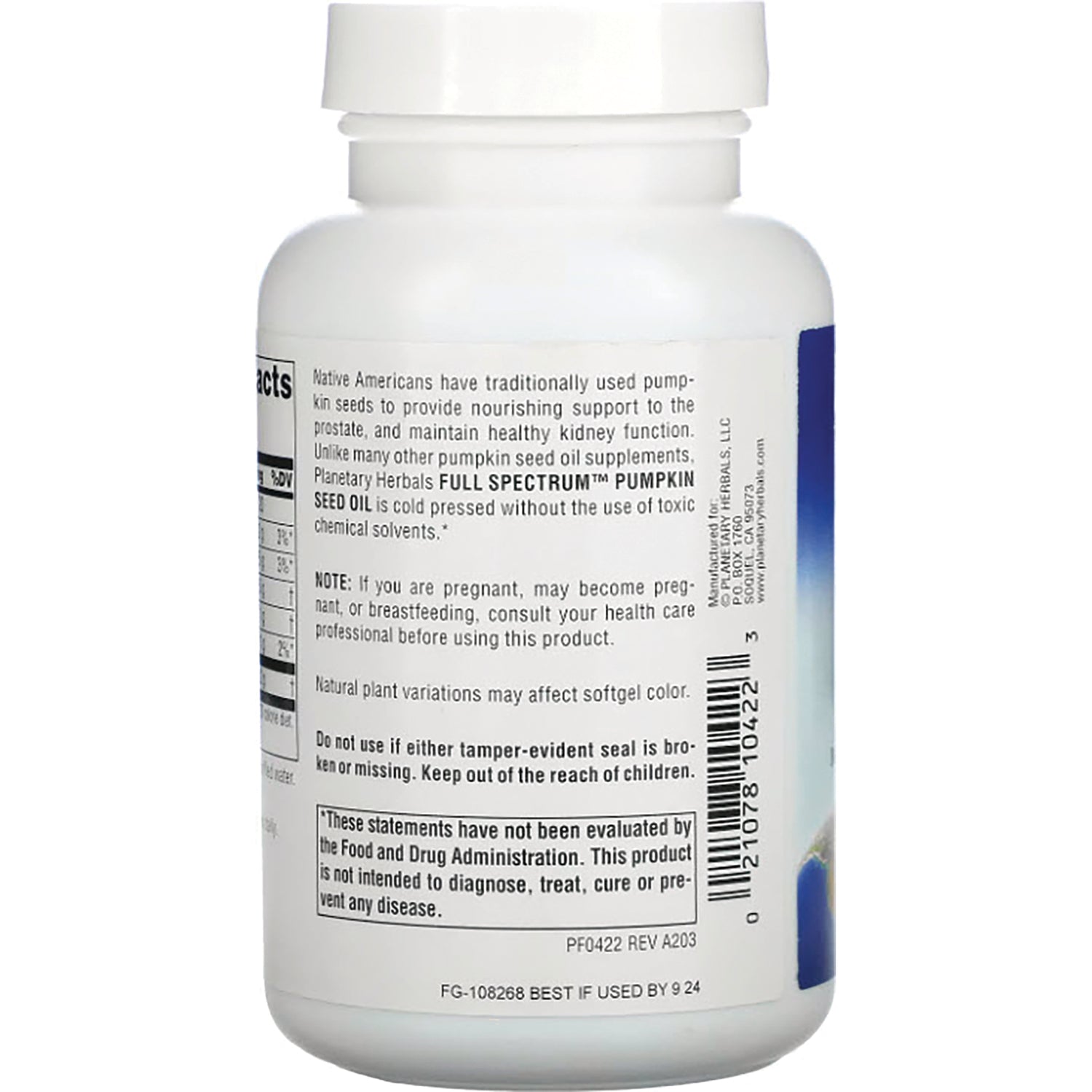 PF061 | Back label of white supplement bottle showing supplement facts, warnings, barcode and usage text
