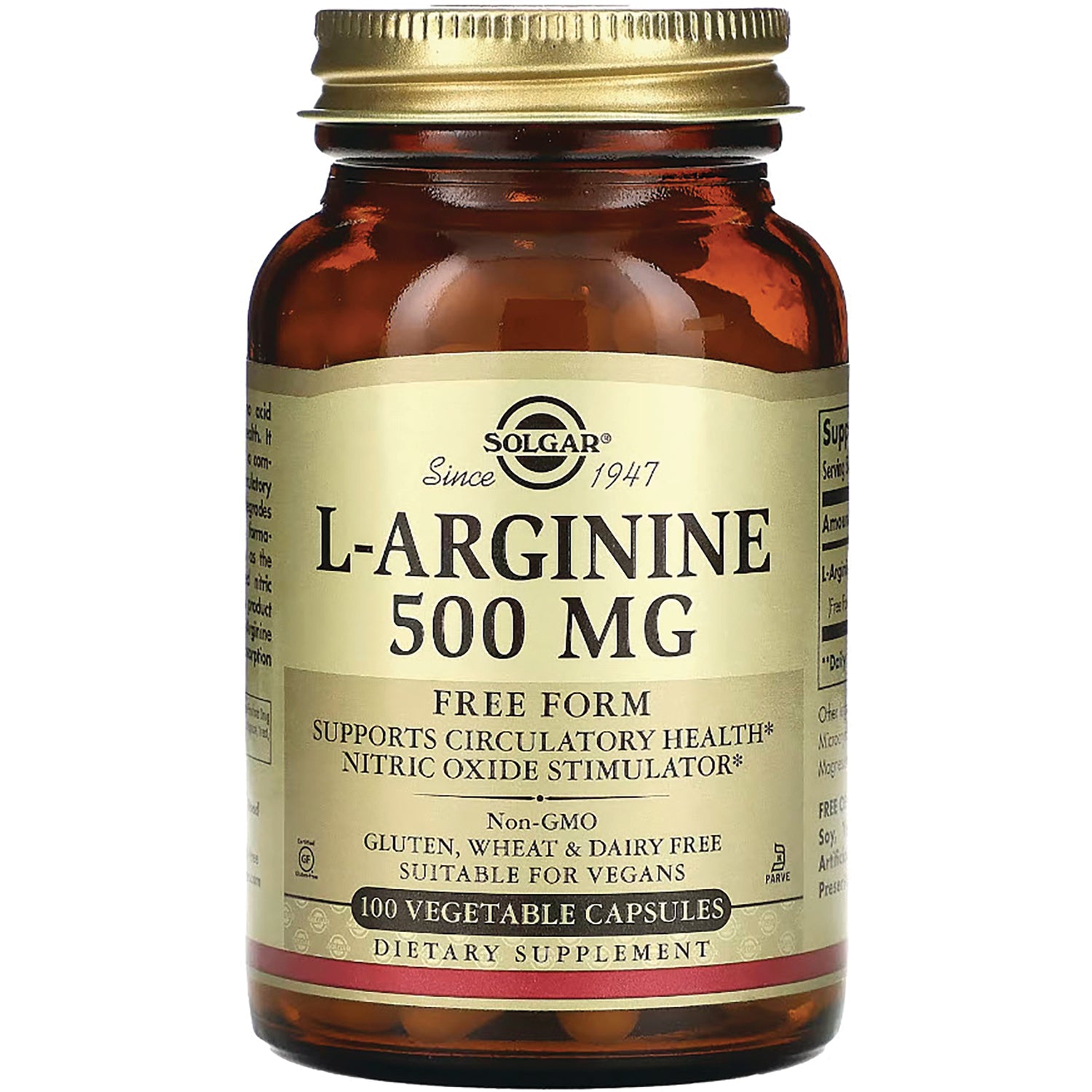 SLG332 | Solgar L-Arginine 500 MG amber bottle with gold lid, label reading 100 vegetable capsules dietary supplement