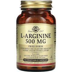 SLG332 | Solgar L-Arginine 500 MG amber bottle with gold lid, label reading 100 vegetable capsules dietary supplement
