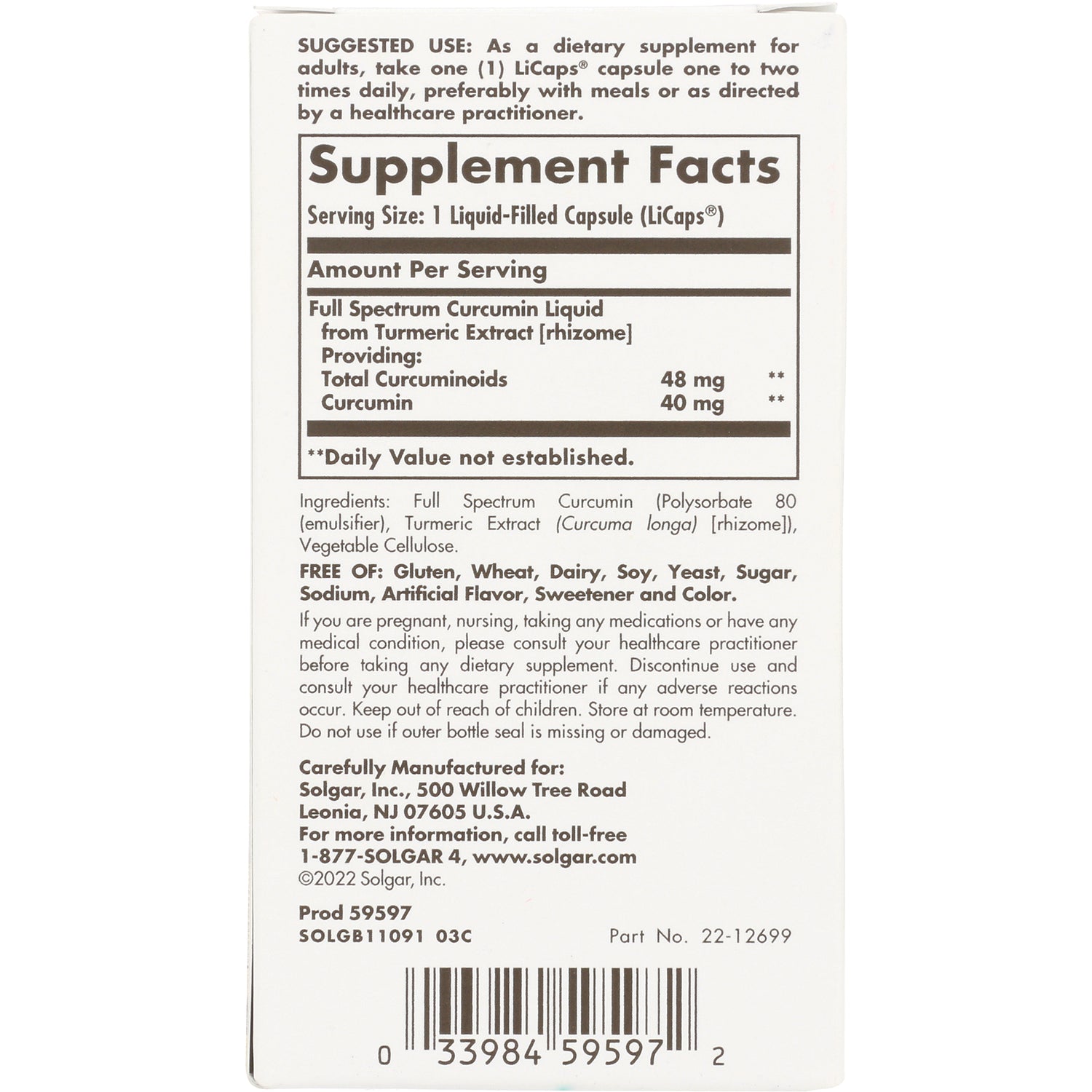 Supplement Facts panel and ingredients list on white supplement box with barcode