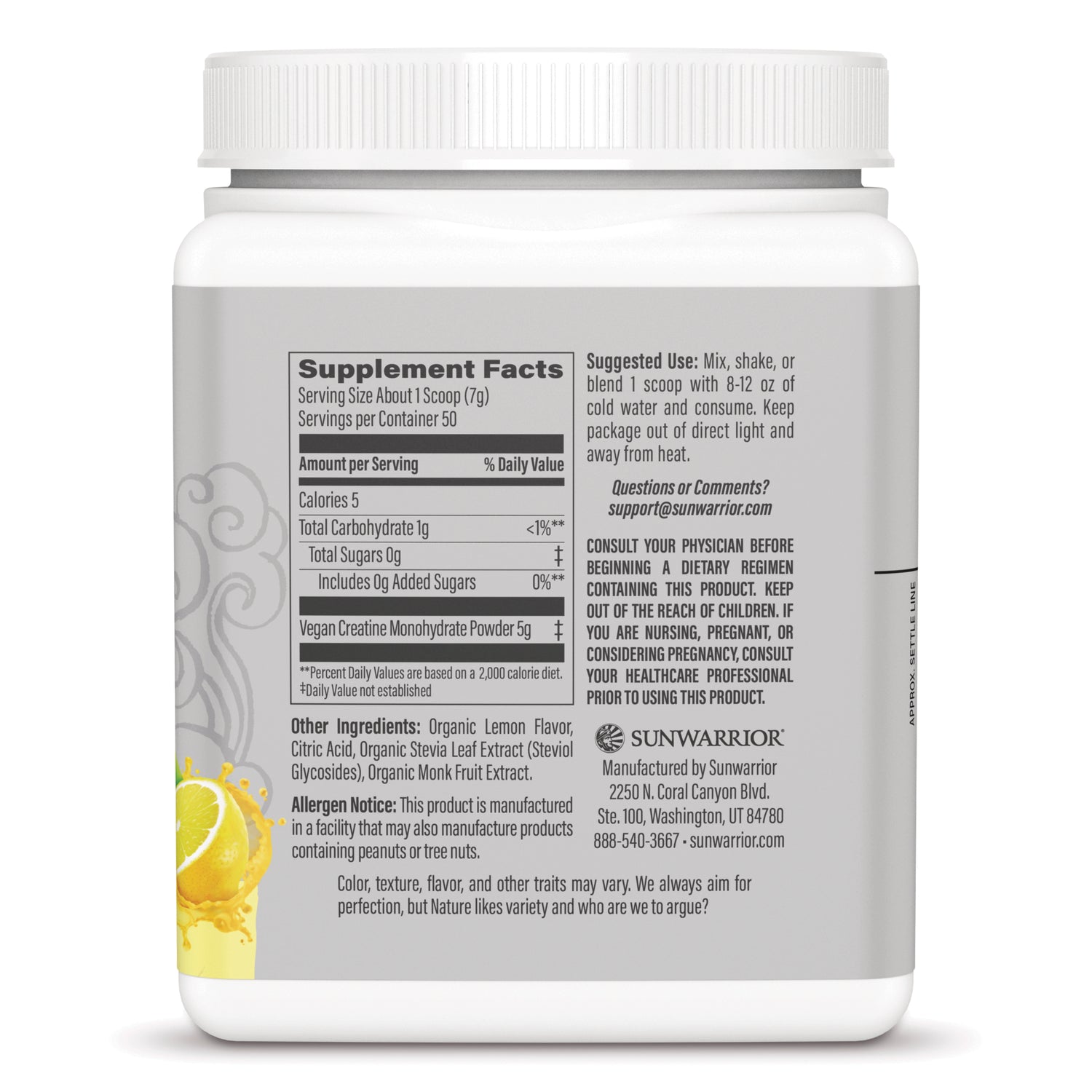 SNW047 | Back label with Supplement Facts and suggested use for vegan creatine monohydrate powder