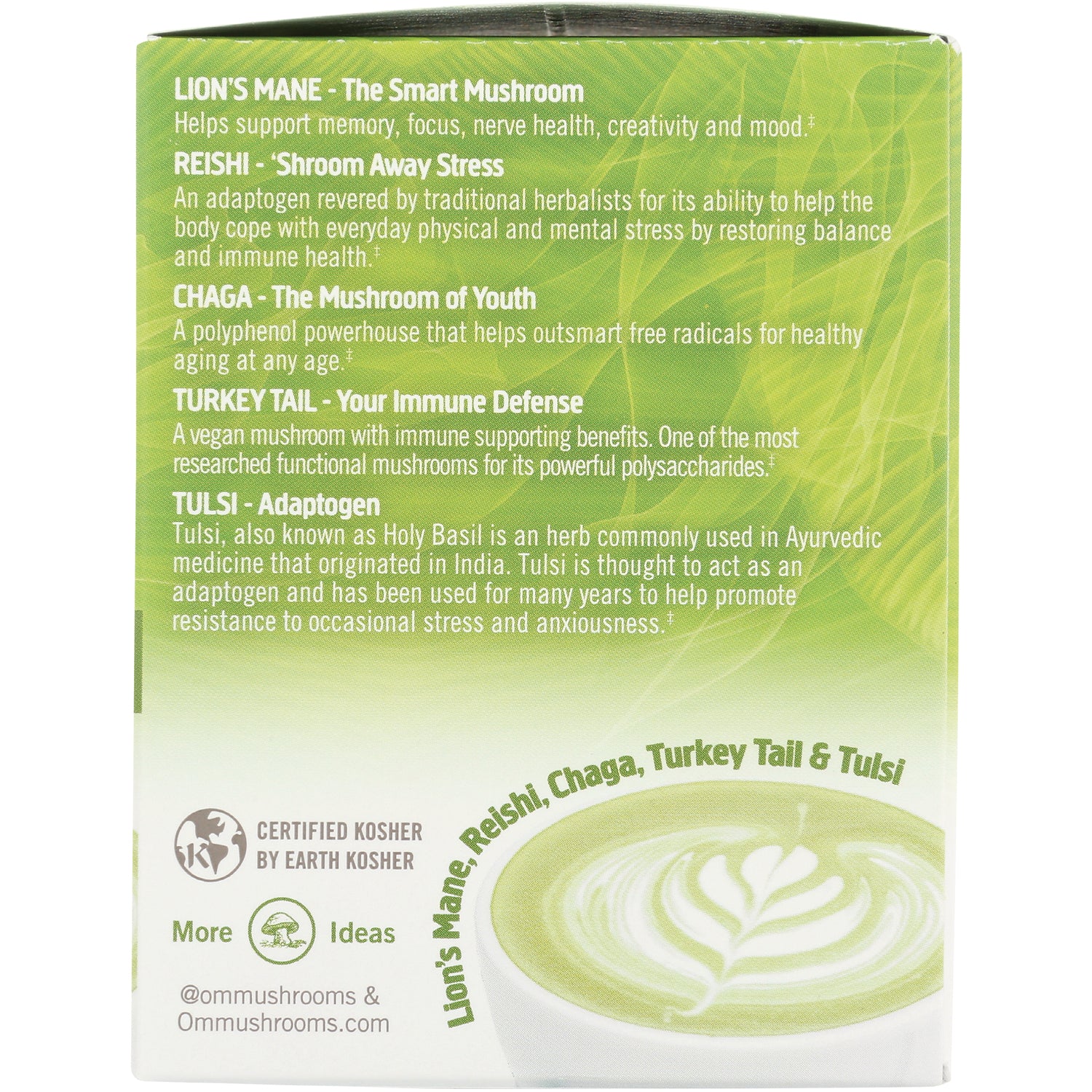 MMX037 | Product infographic listing Lion's Mane, Reishi, Chaga, Turkey Tail and Tulsi benefits on a green box panel