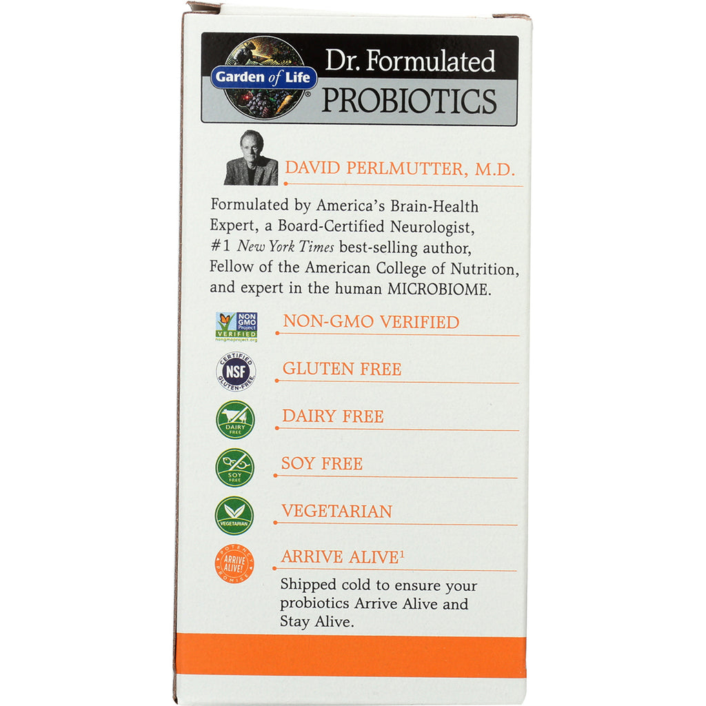 GLF203 | Probiotic box side infographic listing Non-GMO verified, gluten free, dairy free, soy free, vegetarian, Arrive Alive shipping - Thumbnail