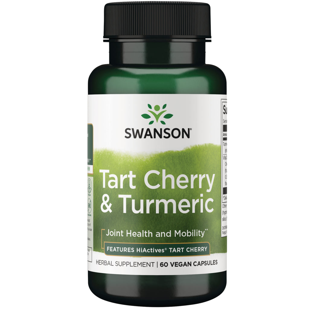 SWH253 | Four Swanson bottles labeled Tart Cherry & Turmeric herbal supplement 60 VEGAN CAPSULES front view || SWH253 | Three front-facing Swanson Tart Cherry & Turmeric supplement bottles showing 60 vegan capsules and joint health and mobility || SWH253 | Two Swanson Tart Cherry & Turmeric supplement bottles front label 60 vegan capsules - Thumbnail