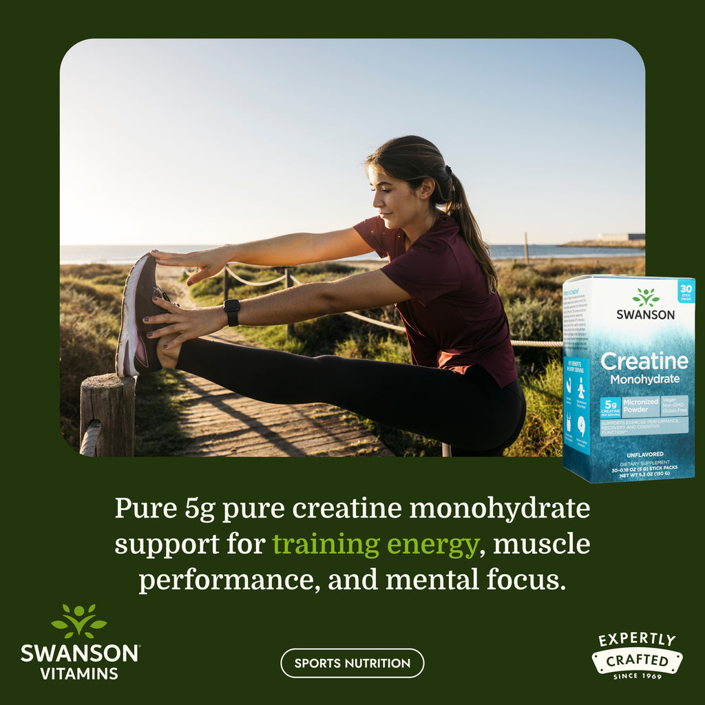 SW1967 | Woman stretching outdoors beside Swanson Creatine Monohydrate packaging with training energy messaging - Thumbnail